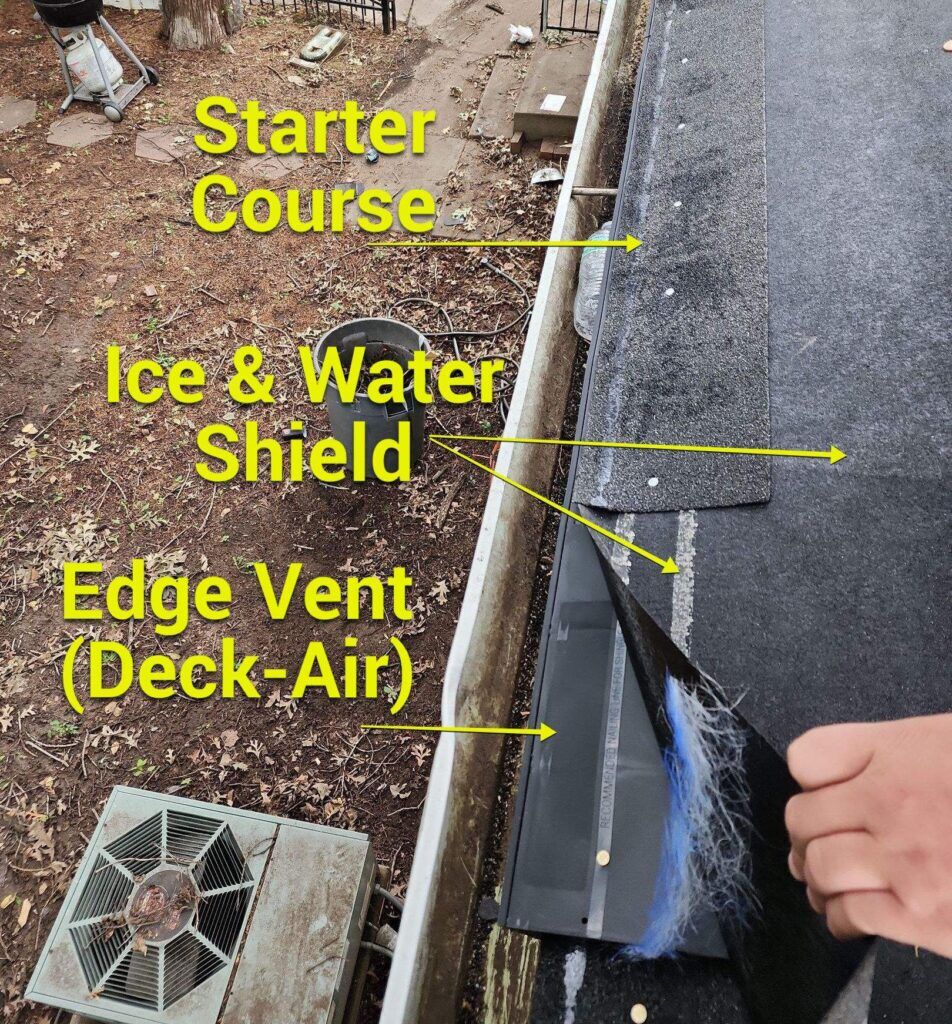 An annotated photo of Deck-Air installed as an edge vent for intake ventilation.