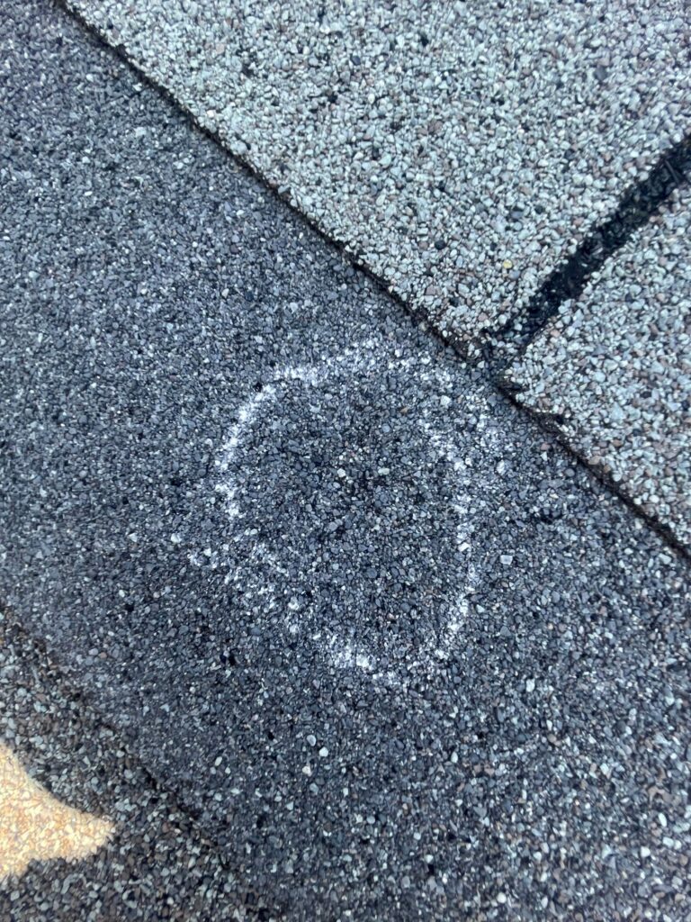 Close-up of an asphalt shingle roof with a white chalk circle marking a hail impact, showing granule loss and slight indentation.