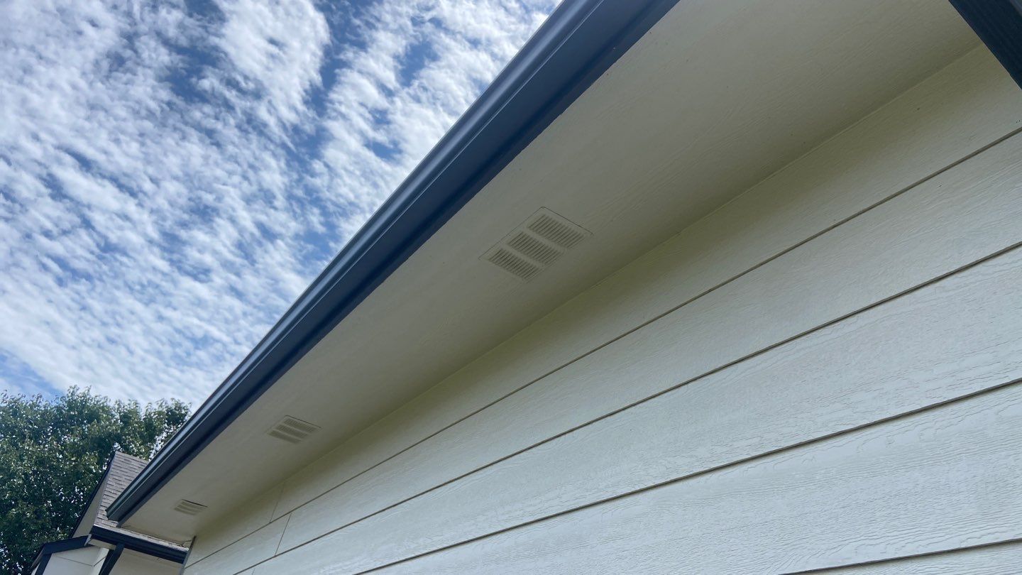 Soffit Vents Standard 16" x 8" soffit vents that are painted to match the plywood soffits they're attached to.
