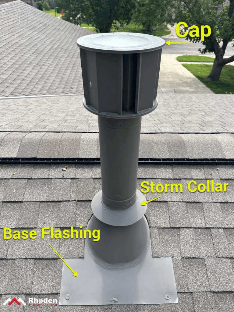 Labeled photo showing heater flue flashing with cap, storm collar, and base flashing on a residential shingle roof