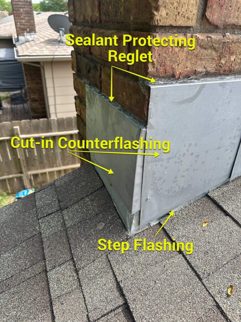 Labeled photo of cut-in counterflashing on a residential asphalt shingle roof.