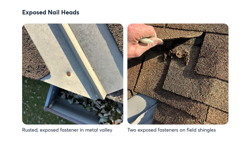 Exposed fasteners noted at field shingles and a metal valley during a Real Estate Preferred Partner Program inspection.