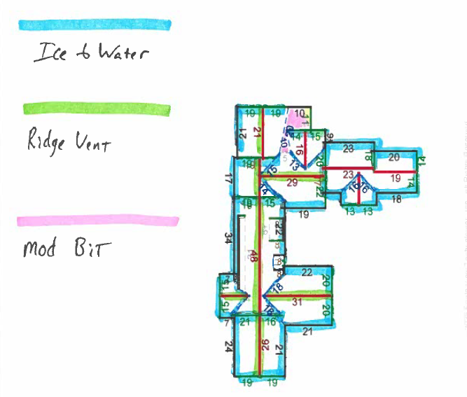 An annotated diagram of a roof with instructions for the crew.