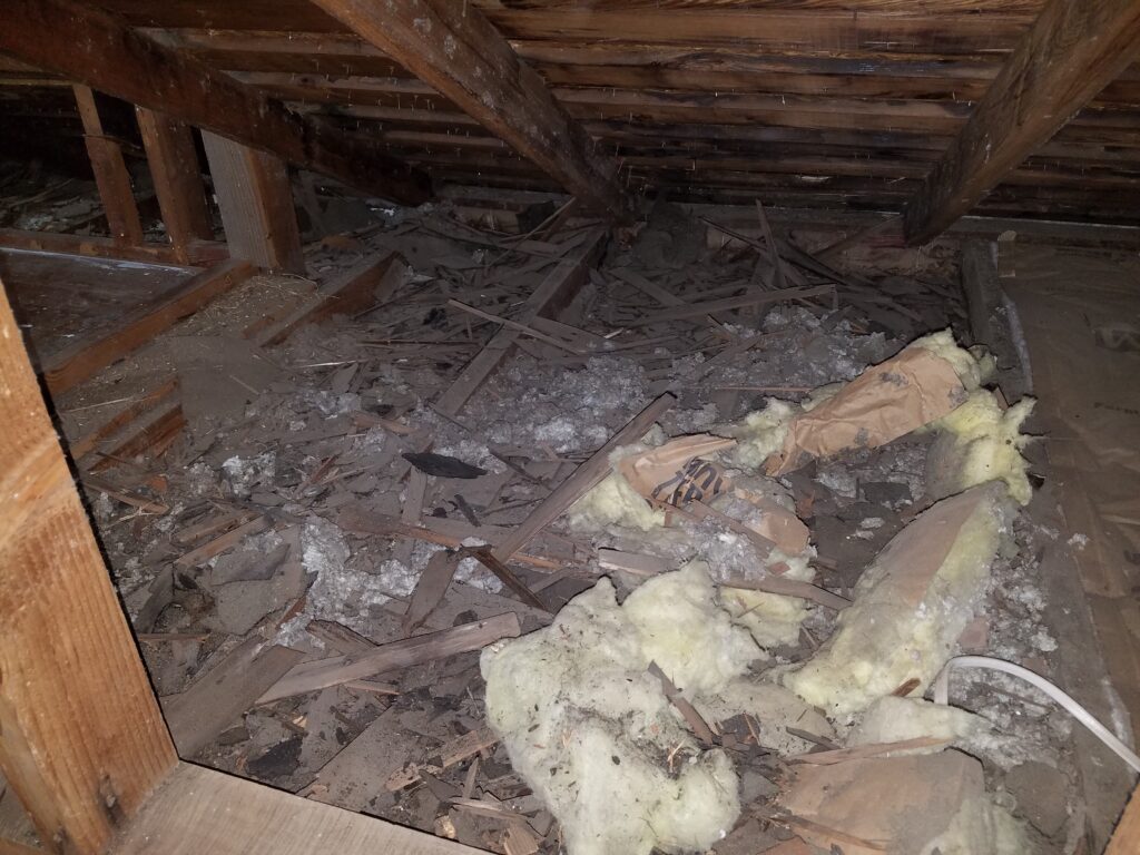 Historic attic with 2x4 rafters and plank roof decking, showing limited bay depth that complicates venting a cathedral ceiling.