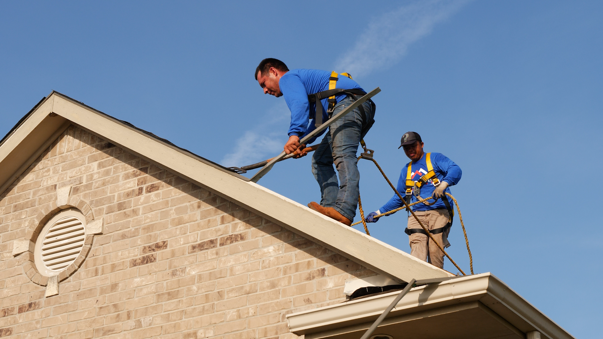 Roof replacement on residential asphalt shingle roof with two harnessed workers tearing off shingles.