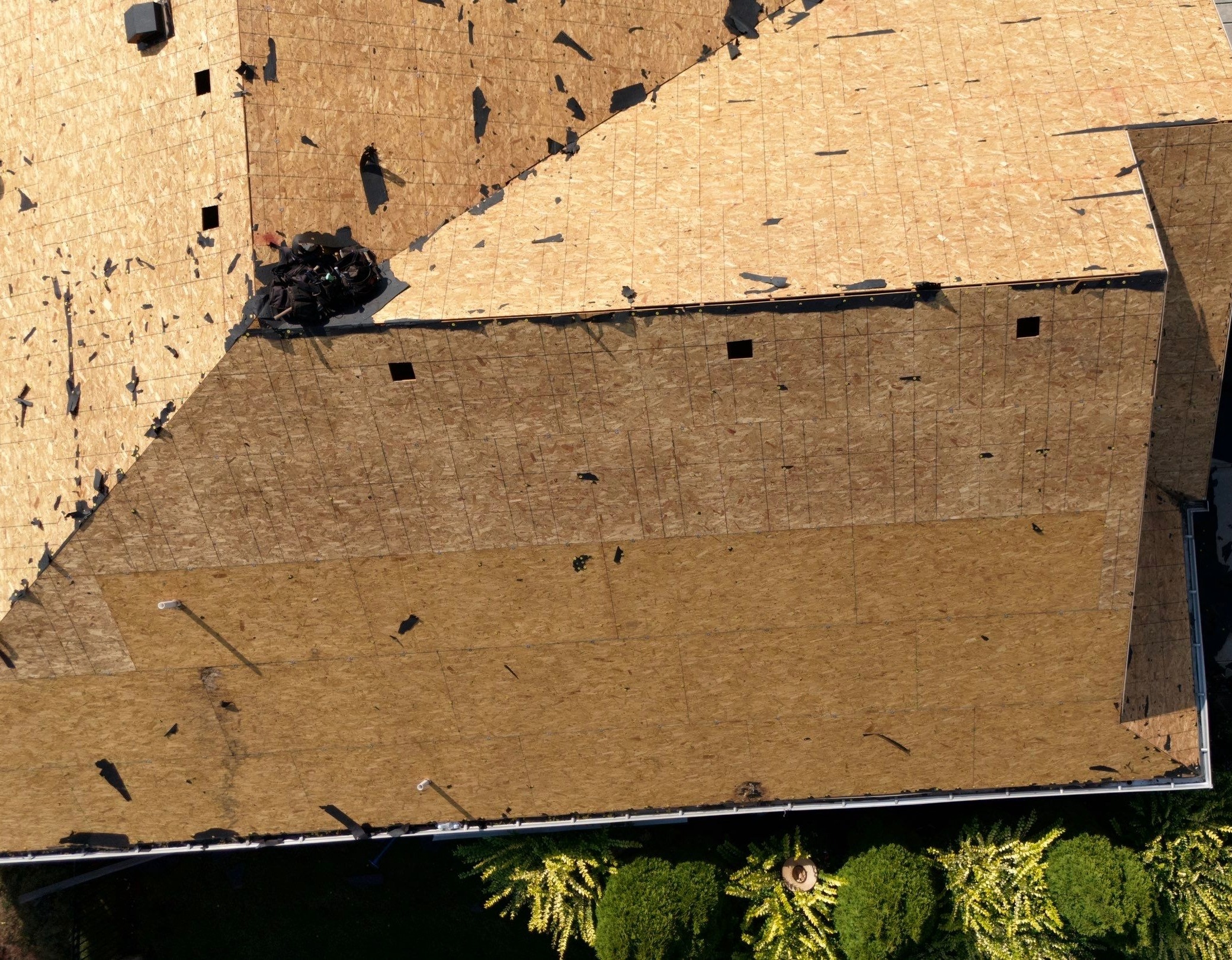 OSB Roof Decking on a stripped roof during a roof replacement with gutters, foliage, and tar paper visible.